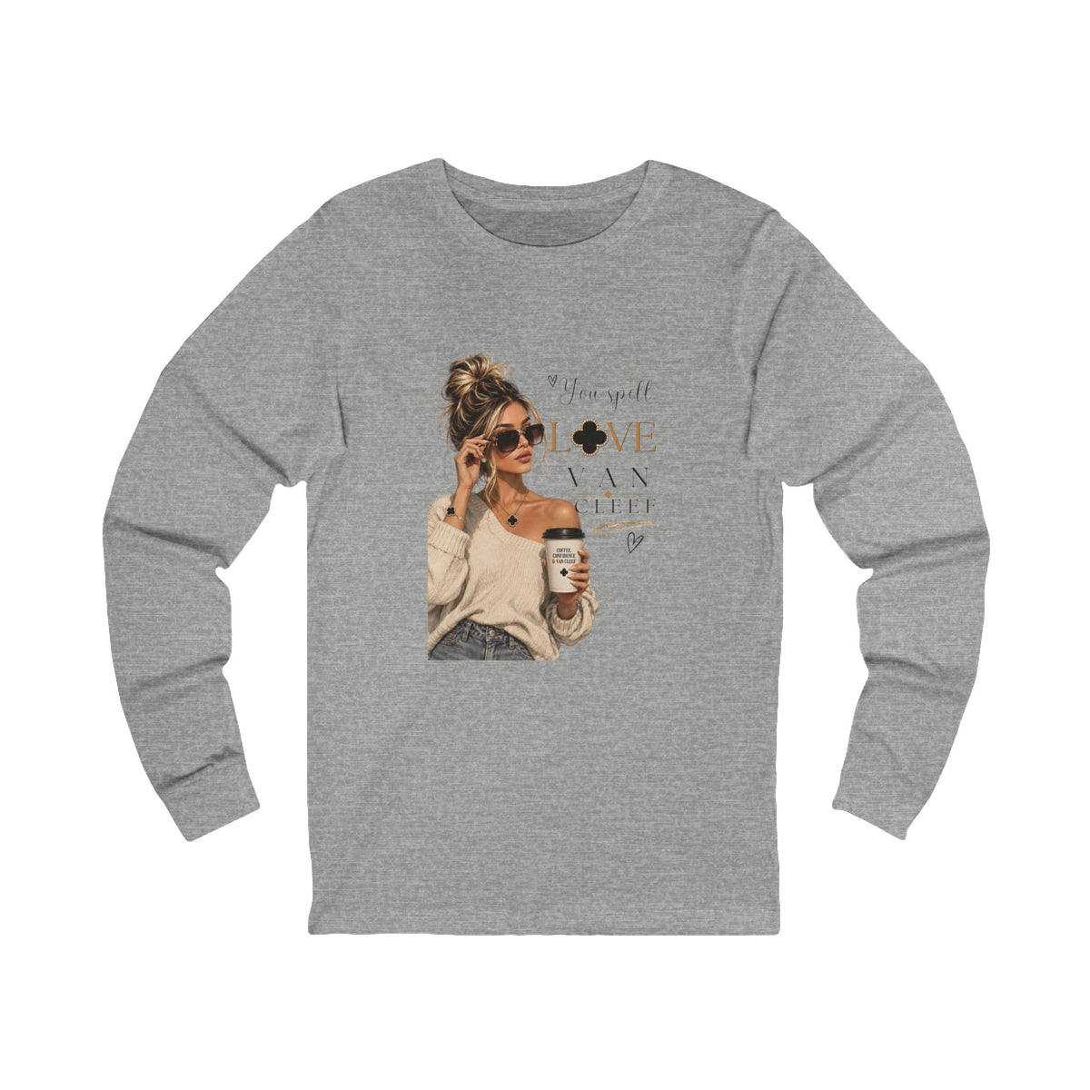 Long Sleeve Tee — 'She Spells Love' Casual Coffee Girl Graphic