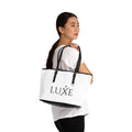 Luxe PU Leather Shoulder Bag — Chic White Tote with 'LUXE' Logo