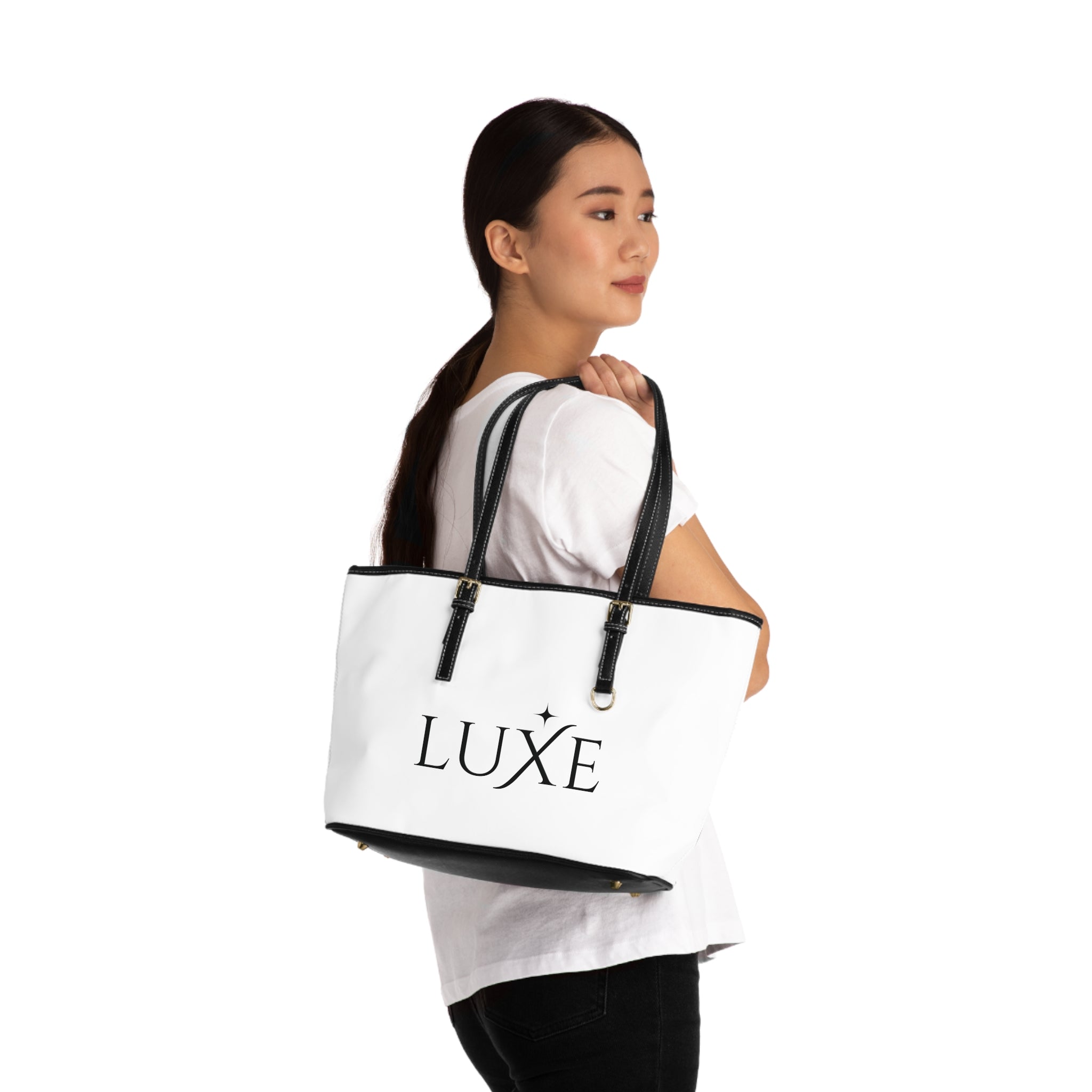 Luxe PU Leather Shoulder Bag — Chic White Tote with 'LUXE' Logo