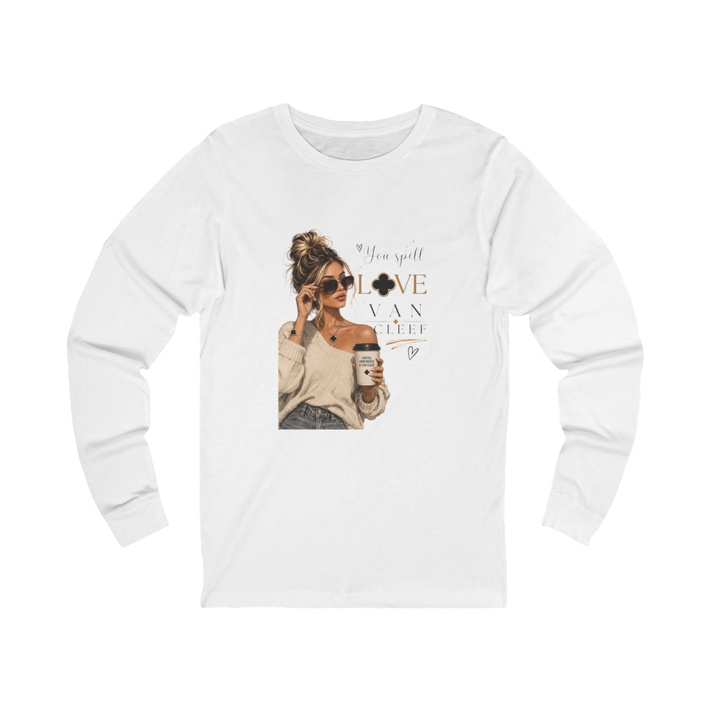 Long Sleeve Tee — 'She Spells Love' Casual Coffee Girl Graphic