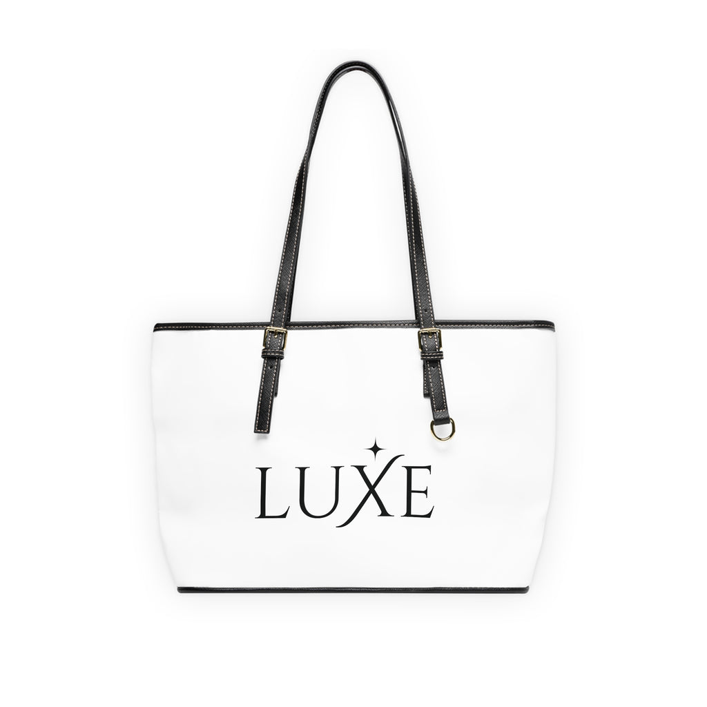 Luxe PU Leather Shoulder Bag — Chic White Tote with 'LUXE' Logo