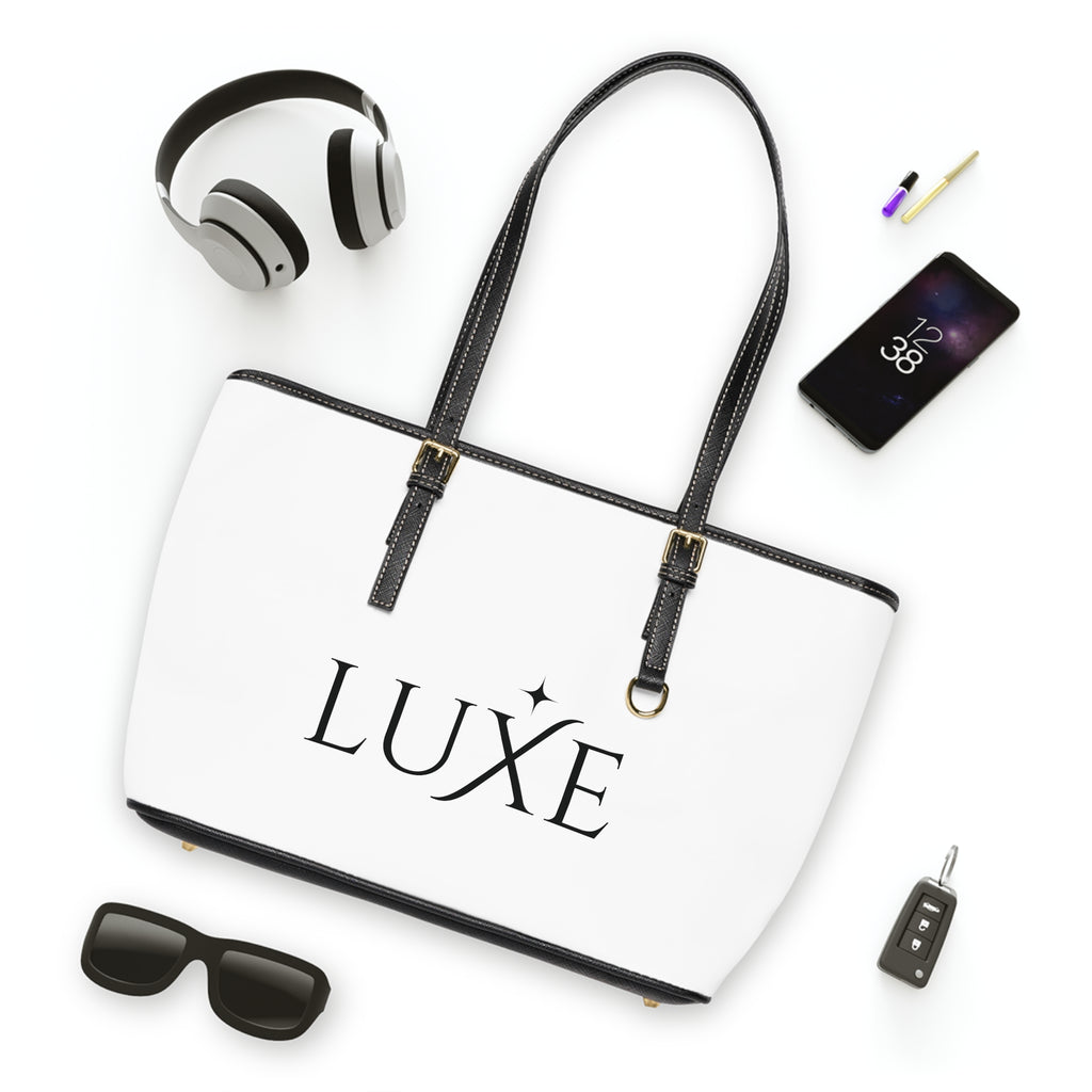 Luxe PU Leather Shoulder Bag — Chic White Tote with 'LUXE' Logo