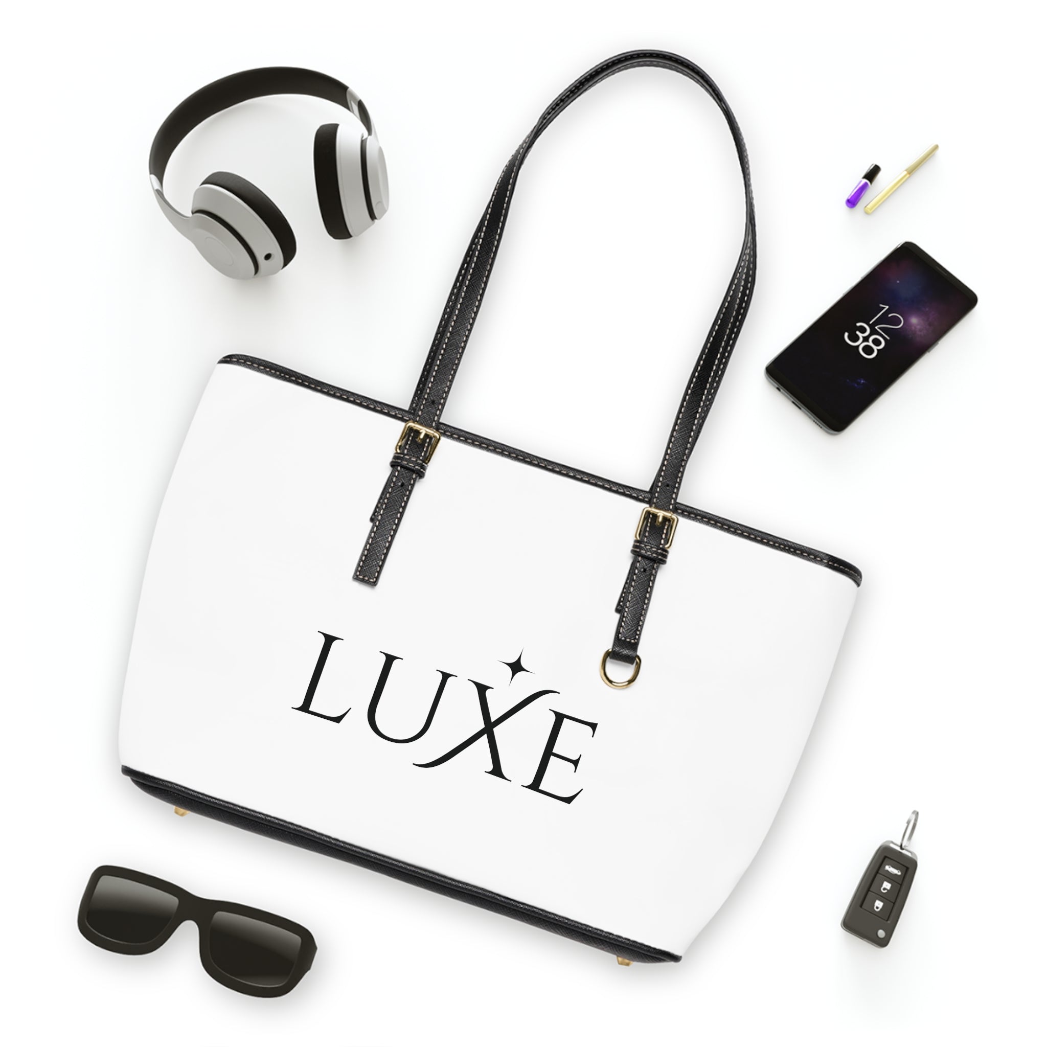 Luxe PU Leather Shoulder Bag — Chic White Tote with 'LUXE' Logo